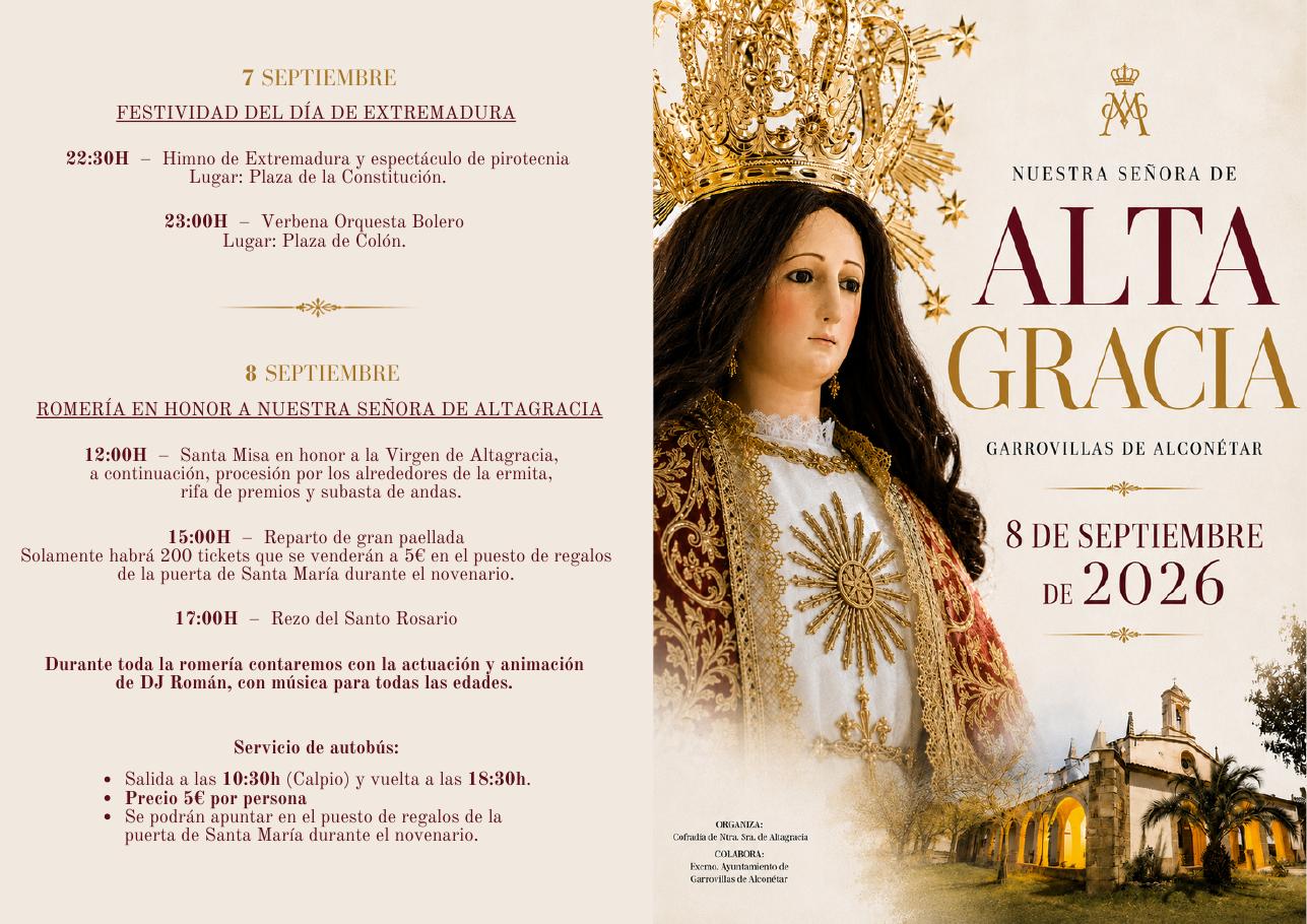 Programa de la Romería de Nuestra Señora de Altagracia 2026, Garrovillas de Alconétar