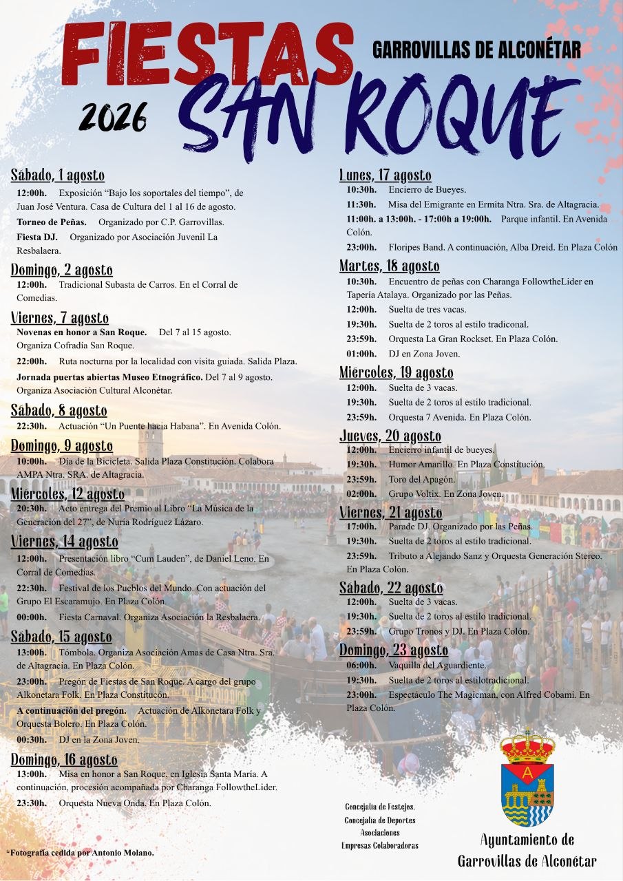Programa completo de las Fiestas de San Roque 2026 de Garrovillas de Alconétar