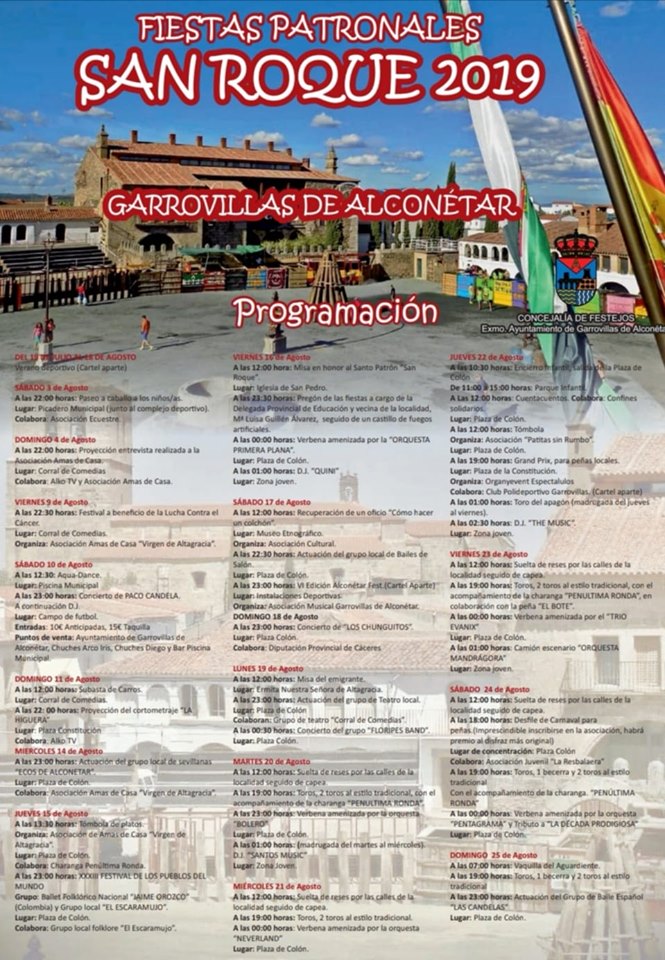PROGRAMA DE LAS FIESTAS PATRONALES "SAN ROQUE 2019" EN GARROVILLAS DE ALCONÉTAR.