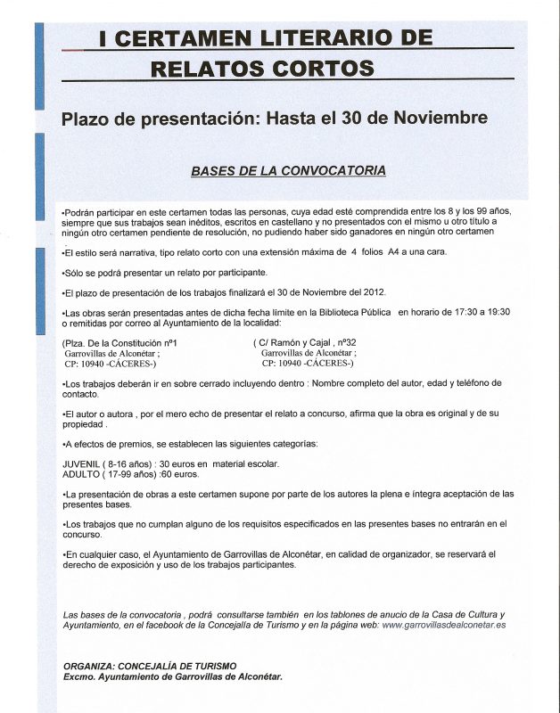 I CERTAMEN LITERARIO DE RELATOS CORTOS, CONCURSO DE DIBUJO INFANTIL Y I CONCURSO DE AJEDREZ, DOMINO Y TUTE.