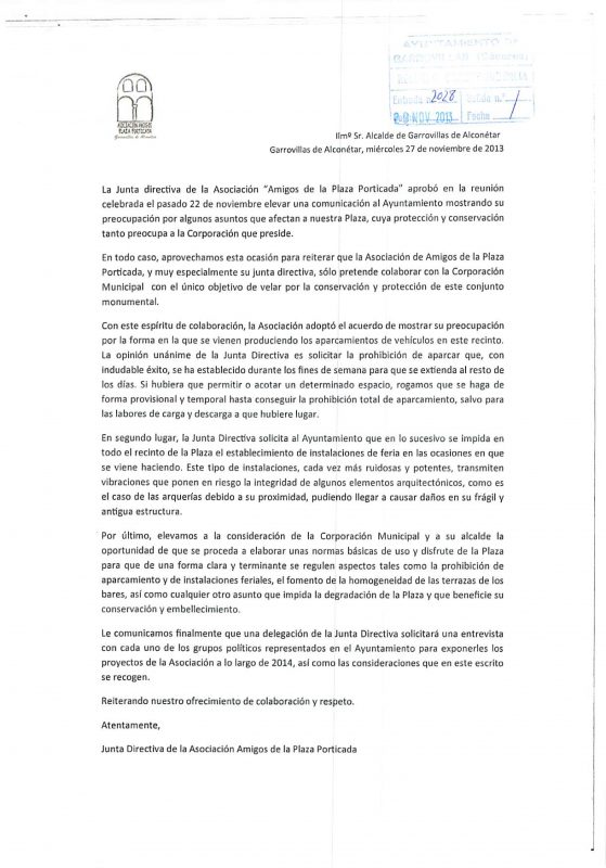 Comunicado Asociacion Amigos de la Plaza Porticada