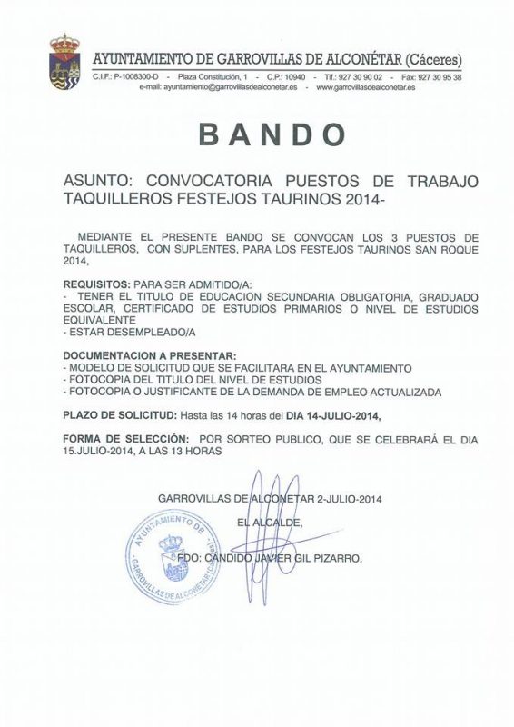 Convocatoria de puestos de taquiller@s para los festejos taurinos de 2014